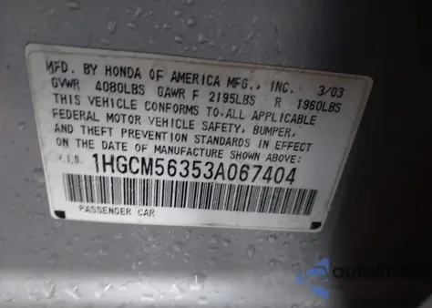 2003 Honda Accord 2.4 Lx z USA, uszkodzony, nr VIN 1HGCM56353A067404